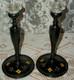 Victorian Antique Ebonized Wood Candle Holders Glass Cups Hp Tole Flowers 1890s