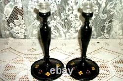 Victorian Antique Ebonized Wood Candle Holders Glass Cups HP Tole Flowers 1890s