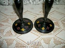 Victorian Antique Ebonized Wood Candle Holders Glass Cups HP Tole Flowers 1890s