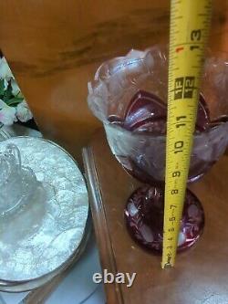 Victorian Bohemian Red Ruby Cut Clear Lustres Luster Candlestick Candleholders