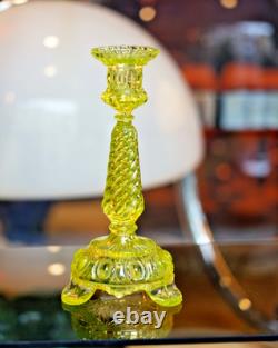 Victorian Vaseline Glass Candlestick Candle Hold? R Footed Twisted Swirl Stem 9'