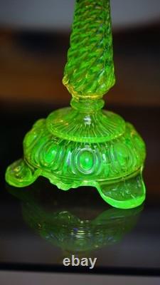 Victorian Vaseline Glass Candlestick Candle Hold? R Footed Twisted Swirl Stem 9'
