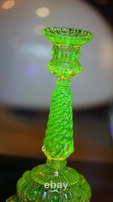 Victorian Vaseline Glass Candlestick Candle Hold? R Footed Twisted Swirl Stem 9'