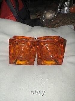 Viking Glass Bulls Eye Block Orange/Persimmon Candle Holder Bullseye Set Of 2