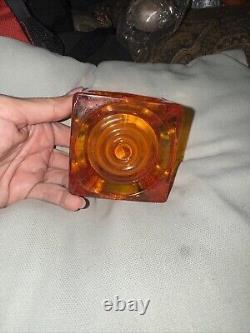 Viking Glass Bulls Eye Block Orange/Persimmon Candle Holder Bullseye Set Of 2