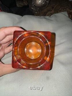 Viking Glass Bulls Eye Block Orange/Persimmon Candle Holder Bullseye Set Of 2