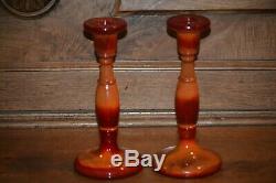 Vintage 1920's Fenton FLAME Mandarin Red Marble Slag Glass 8 Candlesticks Pair