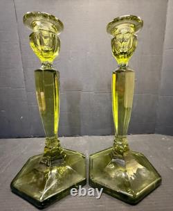 Vintage 1920s Fenton Florentine GREEN Stretch Glass Candle Holders SET of 2 #449