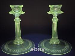 Vintage 1950s Large Etched Manganese Glass Candlestick Pair