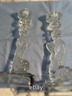 Vintage 1950s Pair Clear Pressed Glass Koi Fish Candlestick Holders