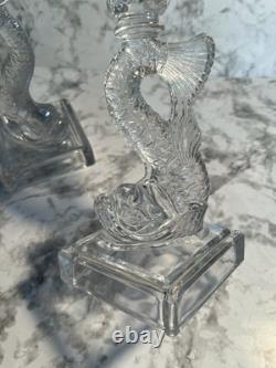 Vintage 1950s Pair Clear Pressed Glass Koi Fish Candlestick Holders