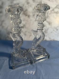 Vintage 1950s Pair Clear Pressed Glass Koi Fish Candlestick Holders