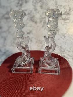 Vintage 1950s Pair Clear Pressed Glass Koi Fish Candlestick Holders