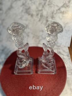 Vintage 1950s Pair Clear Pressed Glass Koi Fish Candlestick Holders