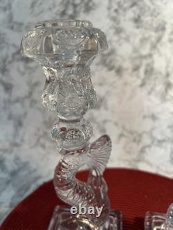 Vintage 1950s Pair Clear Pressed Glass Koi Fish Candlestick Holders