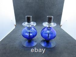Vintage 1960's Erik Hoglund MCM Blue Glass & Iron Candle Holders Set of 2