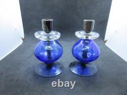 Vintage 1960's Erik Hoglund MCM Blue Glass & Iron Candle Holders Set of 2
