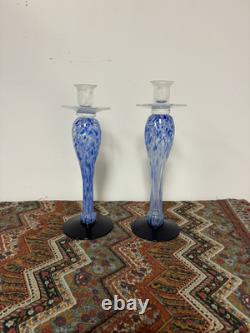 Vintage 1970 Murano Handblown Hand Blown Glass Candle Sticks Gradient Blue Large