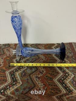 Vintage 1970 Murano Handblown Hand Blown Glass Candle Sticks Gradient Blue Large