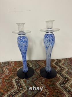 Vintage 1970 Murano Handblown Hand Blown Glass Candle Sticks Gradient Blue Large