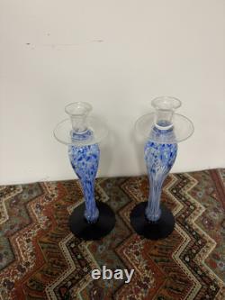 Vintage 1970 Murano Handblown Hand Blown Glass Candle Sticks Gradient Blue Large