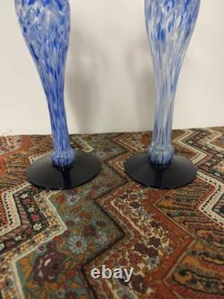 Vintage 1970 Murano Handblown Hand Blown Glass Candle Sticks Gradient Blue Large