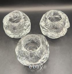 Vintage 1970s Orrefors Ice Ball Glass Candle Holders Set of 3 MCM Swedish Orbs