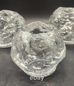 Vintage 1970s Orrefors Ice Ball Glass Candle Holders Set of 3 MCM Swedish Orbs
