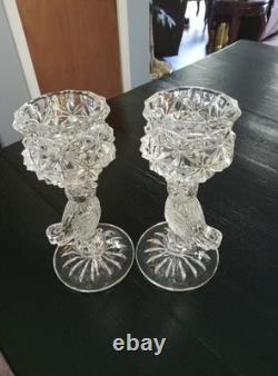 Vintage 2 Hofbauer Crystal Candle Holders w Etched Frosted Winged Bird Stems 7