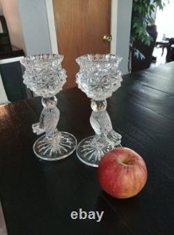 Vintage 2 Hofbauer Crystal Candle Holders w Etched Frosted Winged Bird Stems 7