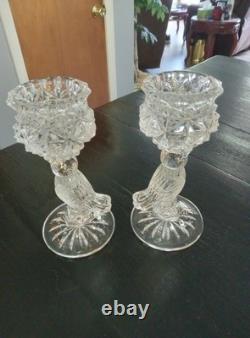 Vintage 2 Hofbauer Crystal Candle Holders w Etched Frosted Winged Bird Stems 7