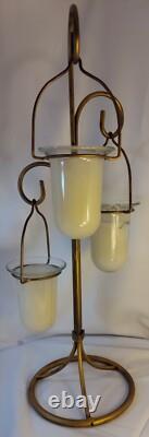 Vintage 3 Hanging Votive Candle Holder Lantern Rot iron Heavy Stand Thick Glass
