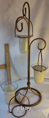 Vintage 3 Hanging Votive Candle Holder Lantern Rot iron Heavy Stand Thick Glass
