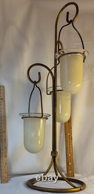 Vintage 3 Hanging Votive Candle Holder Lantern Rot iron Heavy Stand Thick Glass