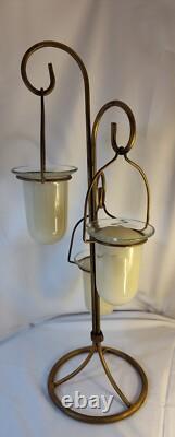 Vintage 3 Hanging Votive Candle Holder Lantern Rot iron Heavy Stand Thick Glass