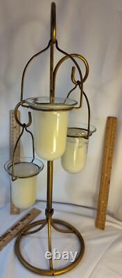 Vintage 3 Hanging Votive Candle Holder Lantern Rot iron Heavy Stand Thick Glass