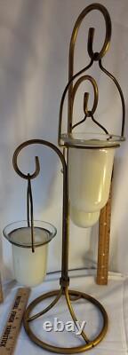 Vintage 3 Hanging Votive Candle Holder Lantern Rot iron Heavy Stand Thick Glass