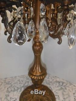 Vintage 7 Arm Candelabra Brass Glass Prisms Ornate Candle Holder 17 1/2