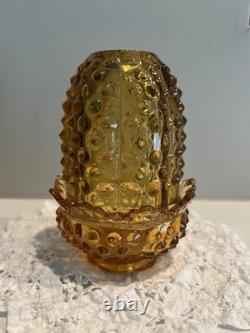 Vintage Amber Hobnail Fairy Lamp Glass Candle Holder Retro Mid-Century 4.5in