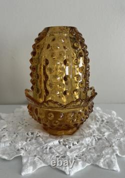 Vintage Amber Hobnail Fairy Lamp Glass Candle Holder Retro Mid-Century 4.5in