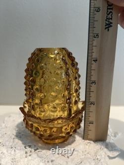 Vintage Amber Hobnail Fairy Lamp Glass Candle Holder Retro Mid-Century 4.5in