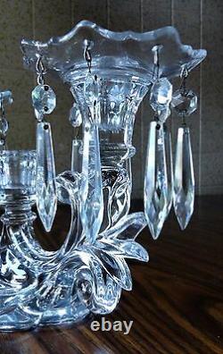 Vintage Art Deco 3 Candle CRYSTAL CANDELABRA w BOBECHES & 16 CRYSTAL PRISMS