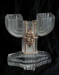 Vintage Art Deco satin glass & gilt brass filigree candle holders 1930's PAIR