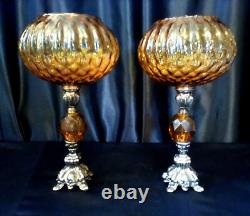 Vintage Baroque Metal Amber Lucite Candle Holders Large Glass Voltive Pair MCM