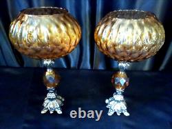 Vintage Baroque Metal Amber Lucite Candle Holders Large Glass Voltive Pair MCM
