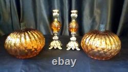 Vintage Baroque Metal Amber Lucite Candle Holders Large Glass Voltive Pair MCM
