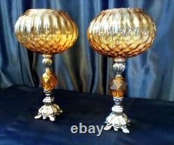 Vintage Baroque Metal Amber Lucite Candle Holders Large Glass Voltive Pair MCM