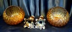 Vintage Baroque Metal Amber Lucite Candle Holders Large Glass Voltive Pair MCM