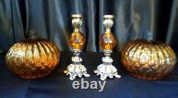 Vintage Baroque Metal Amber Lucite Candle Holders Large Glass Voltive Pair MCM