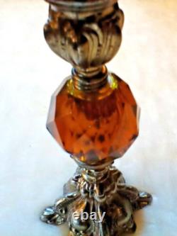 Vintage Baroque Metal Amber Lucite Candle Holders Large Glass Voltive Pair MCM